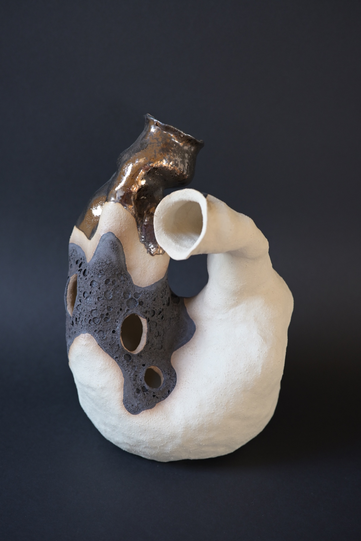 Vital Inertia, pale ceramic sculpture pierced by cavities and hollow extensions