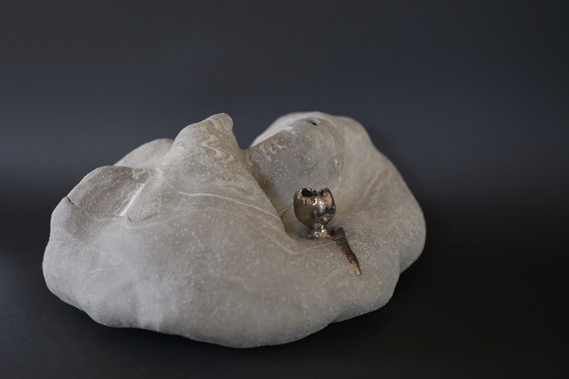 Vestige, low marbled stoneware form with a small platinum bloom